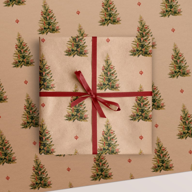 Christmas Tree Kraft Brown Gift Wrapping Paper wrapped with a red ribbon and bow