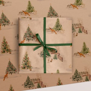 Carta da regalo ecologica per Natale Winter Fox & Rabbit / Carta da regalo riciclata con animali ad acquerello in un campo di neve