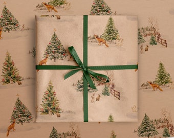 Winter Fox & Rabbit Eco Christmas Gift Wrapping Papers | Nature Watercolor Animal in Snowfield Recycled Paper Holiday Gift Wraps
