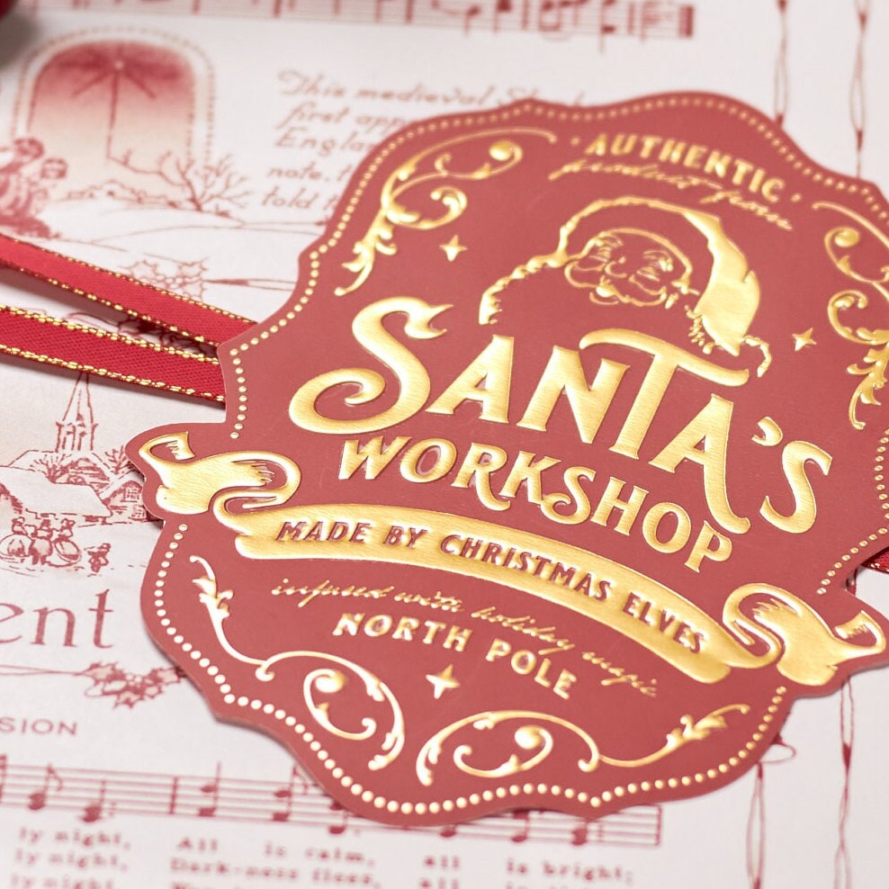 Christmas Gift Tag Stickers for Children's Holiday Presents, Premium Large Gold Embossed Labels for Kids Gift Wrapping, Santa's Workshop