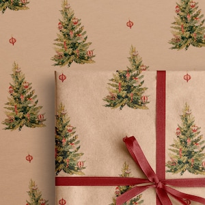 Christmas Tree Eco Gift Wrapping Papers Watercolor Holiday Illustration on Recycled Kraft Brown Paper Rolls Sustainable Gift Wraps image 4