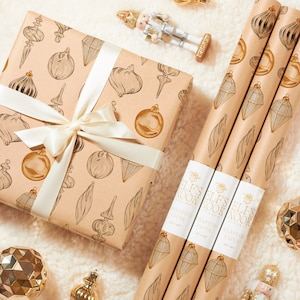 Ornament Eco Wrapping Paper Rolls | Vintage Gold Christmas Gift Wraps | Classic Holiday Decoration with Recycled Papers