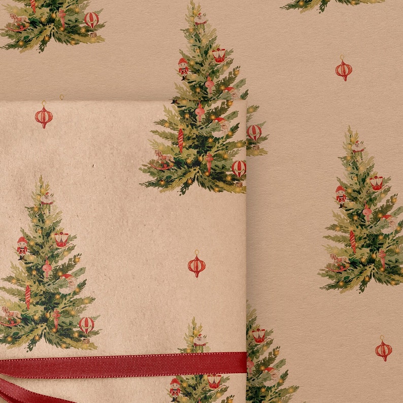 Christmas Tree Eco Gift Wrapping Papers Watercolor Holiday Illustration on Recycled Kraft Brown Paper Rolls Sustainable Gift Wraps image 3