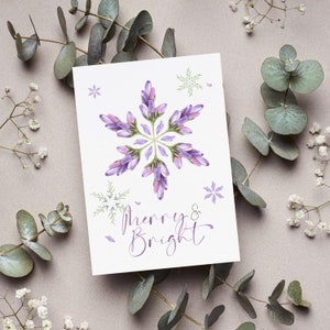 Lavender Snowflake Blossom Greeting Cards With Envelopes Merry & Bright Flower Purple Christmas Holiday Card Pack, Set Of 5, 10, 25, 50 image 1