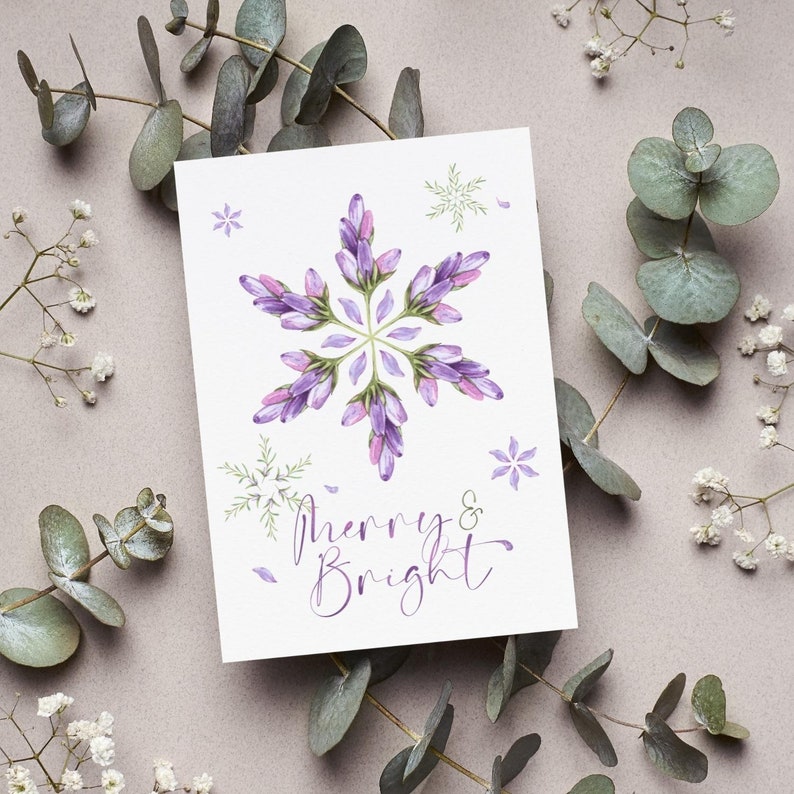 Lavender Snowflake Blossom Greeting Cards With Envelopes Merry & Bright Flower Purple Christmas Holiday Card Pack, Set Of 5, 10, 25, 50 image 1