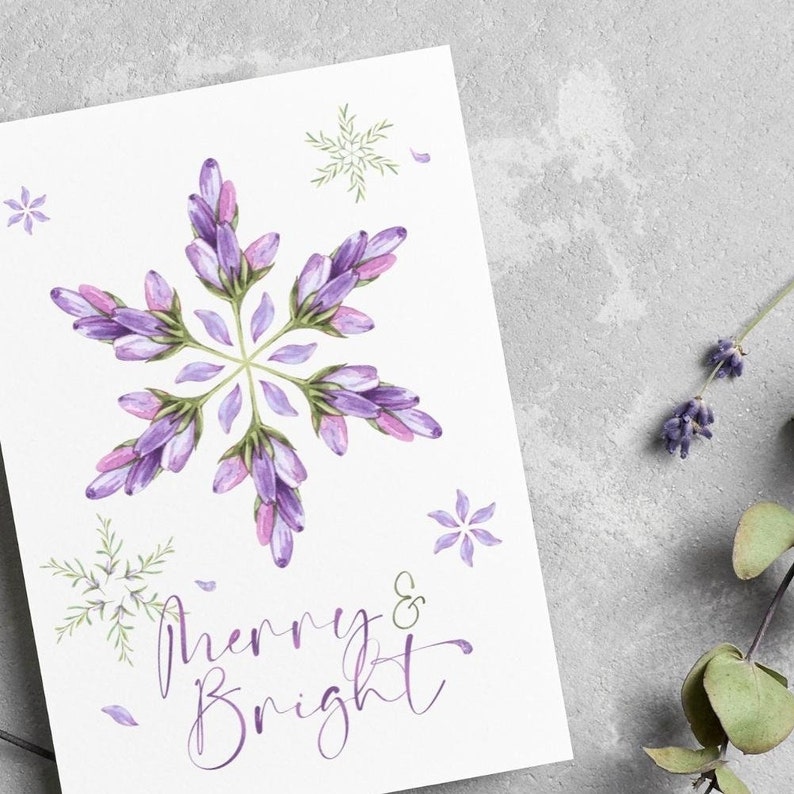 Lavender Snowflake Blossom Greeting Cards With Envelopes Merry & Bright Flower Purple Christmas Holiday Card Pack, Set Of 5, 10, 25, 50 image 2