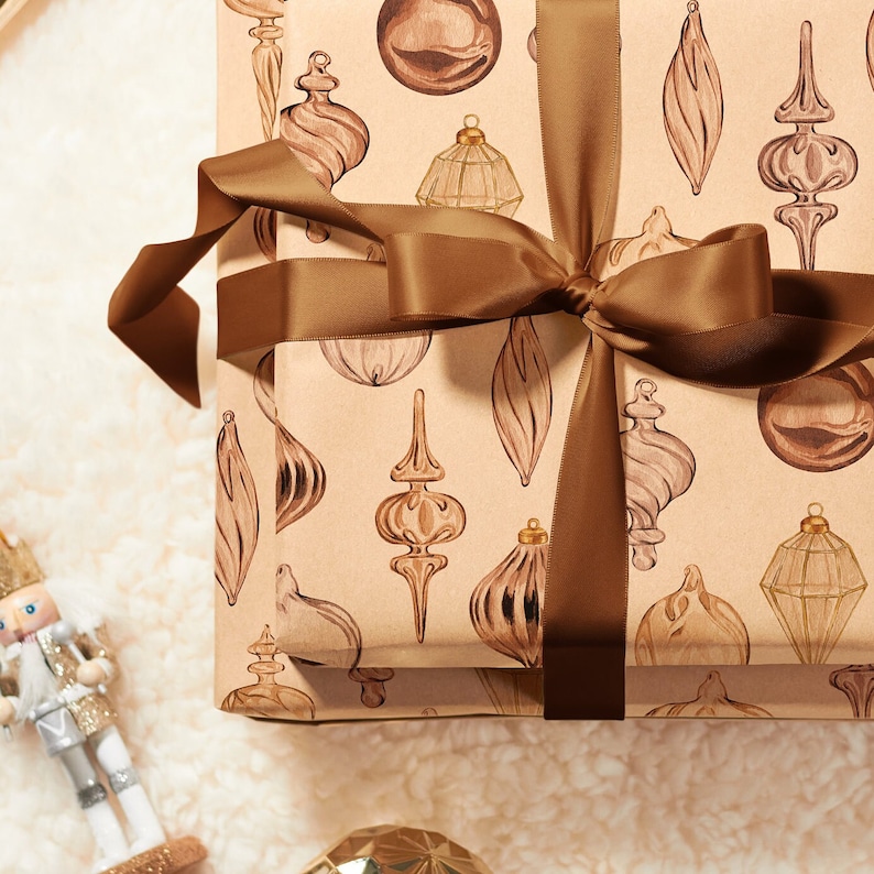 Eco Christmas Wrapping Paper with Vintage Copper Brown & Gold Ornaments Recycled Sustainable Gift Wrap for Rustic Holiday Decorations image 3