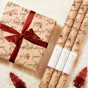 Holly Berry Eco Wrapping Paper Vintage Christmas Red with Script | Recycled Sustainable Gift Wrap for Classic Holiday Decorations