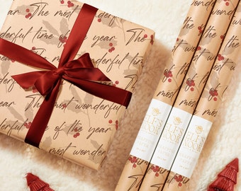 Holly Berry Eco Wrapping Paper Vintage Christmas Red with Script | Recycled Sustainable Gift Wrap for Classic Holiday Decorations