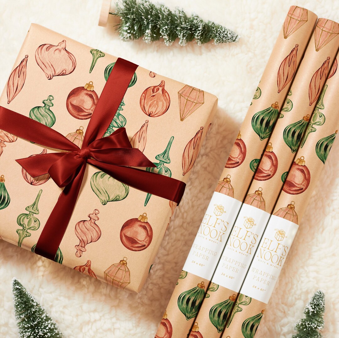 Eco Christmas Wrapping Paper With Vintage Red & Green Ornaments ...