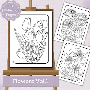 Flower Coloring Pages | 50 Pages | Fun Floral Coloring Pages | For Kids and Adults | Digital Download