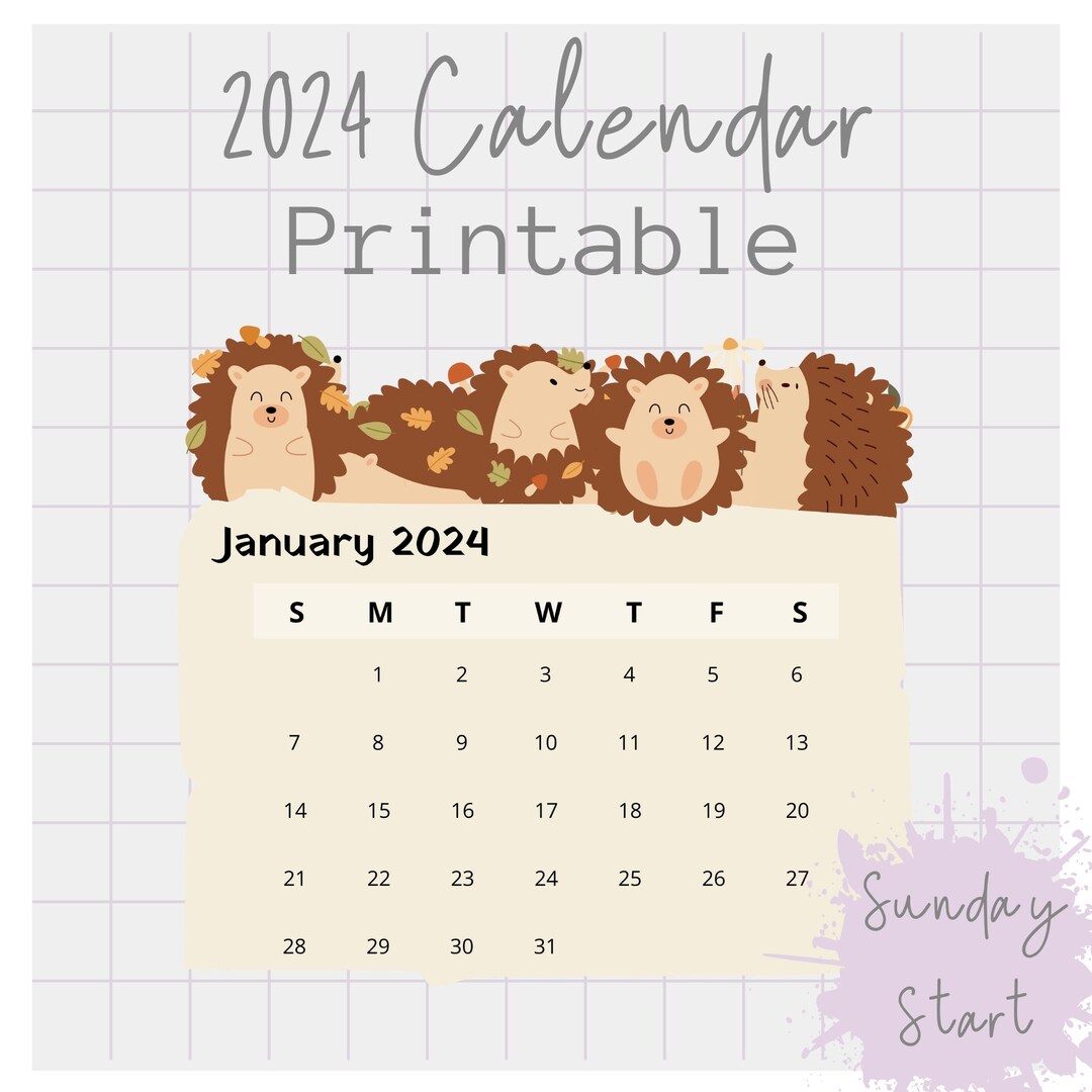 2024 Calendar, Hedgehog Digital Printable 2024 Calendar, 2024 Printable