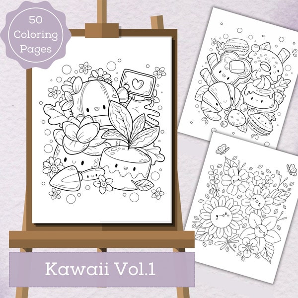 Kawaii Coloring Pages | 50 Pages | Cute Coloring Pages | For Kids and Adults | Digital Download