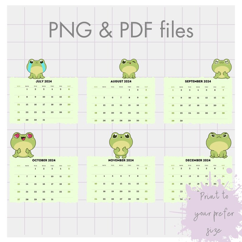 2024 Calendar, Kawaii Frog Digital Printable 2024 Calendar, 2024 ...