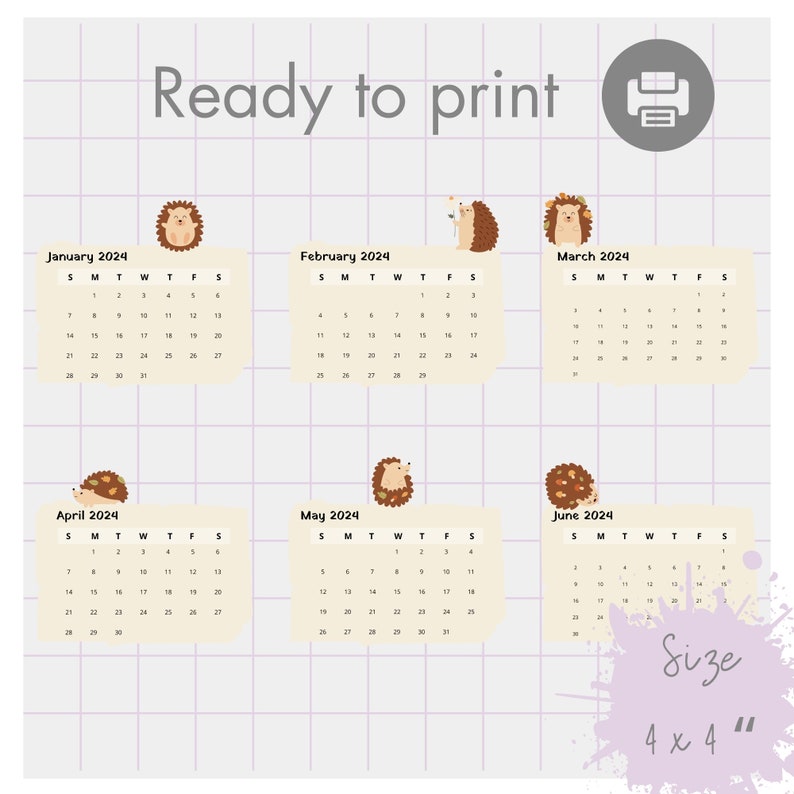 2024 Calendar, Hedgehog Digital Printable 2024 Calendar, 2024 Printable