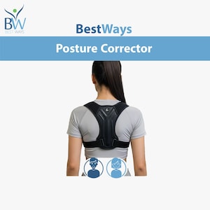 May include: A black posture corrector worn by a person, seen from behind. The corrector features a structured design with adjustable straps. The image includes the text "BestWays Posture Corrector" in blue and the BestWays logo.