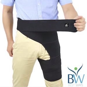 May include: Black hip and thigh support brace. The brace wraps around the hip and thigh, with a wide band for the waist and a series of straps for the thigh. The brand logo "BW" is visible on the waist band.