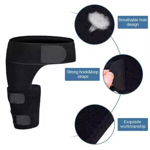 May include: Black thigh support brace with hook and loop straps. The brace features a breathable hole design and is made with exquisite workmanship. The text in the image says "Strong hook&loop straps" and "Breathable hole design".