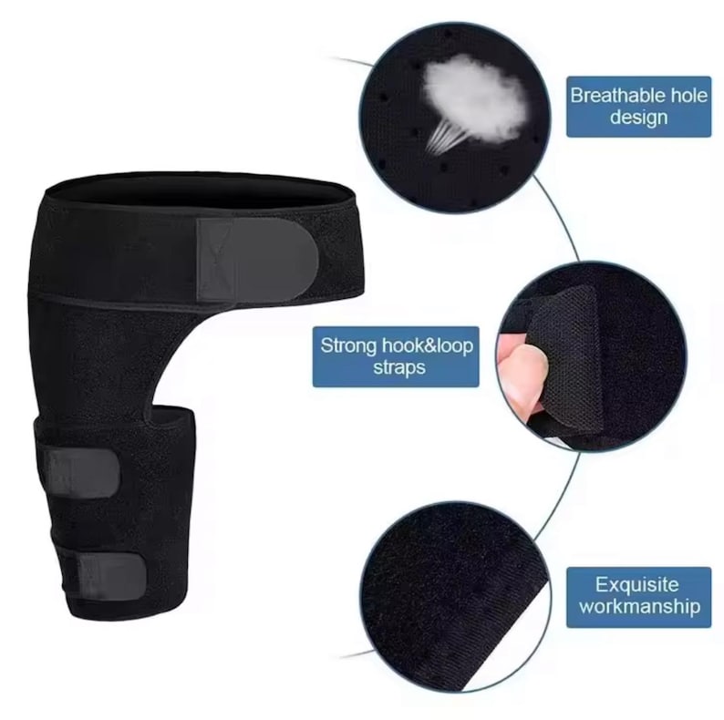 May include: Black thigh support brace with hook and loop straps. The brace features a breathable hole design and is made with exquisite workmanship. The text in the image says "Strong hook&loop straps" and "Breathable hole design".