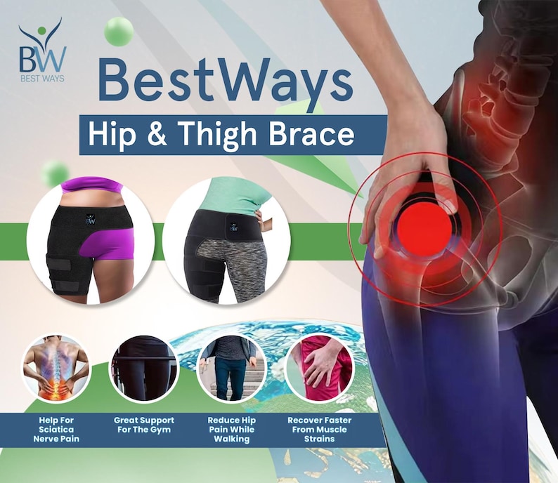 May include: An advertisement for a hip and thigh brace. The image shows the product in use, with text highlighting benefits like sciatica pain relief and gym support. The brace is black with adjustable straps.