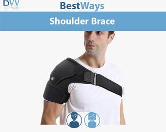 Pode incluir: Aparelho de ombro preto com alças ajustáveis, usado no ombro de uma pessoa. O aparelho foi projetado para fornecer suporte e estabilidade. O texto "BestWays Shoulder Brace" é exibido em azul e branco.
