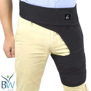 May include: Black hip and thigh support brace. The brace wraps around the hip and thigh, with a velcro closure. The product has the "BW BEST WAYS" logo.