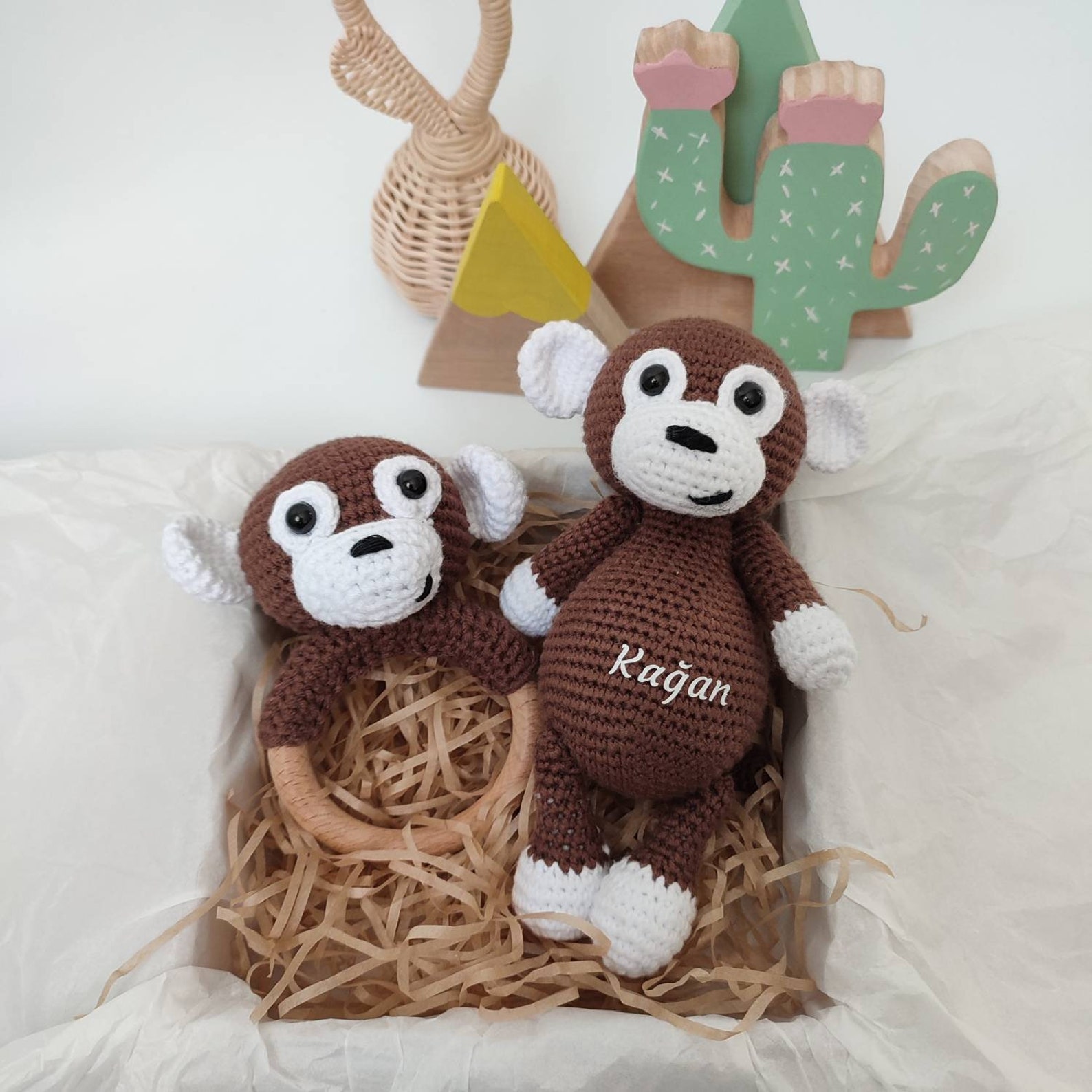 Crochet Monkey Safari Baby Gift Set, Stuffed Monkey Personalized Toy