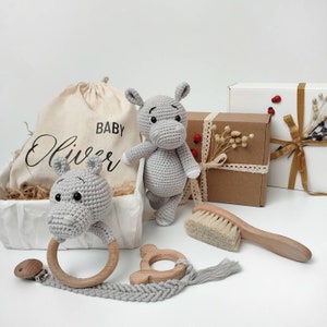 Personalized New Baby Gift, Crochet hippo Baby Gift Box, Custom Baby Gift Set, Baby Gift Box For Pregnant Sister, woodland baby shower gift.
