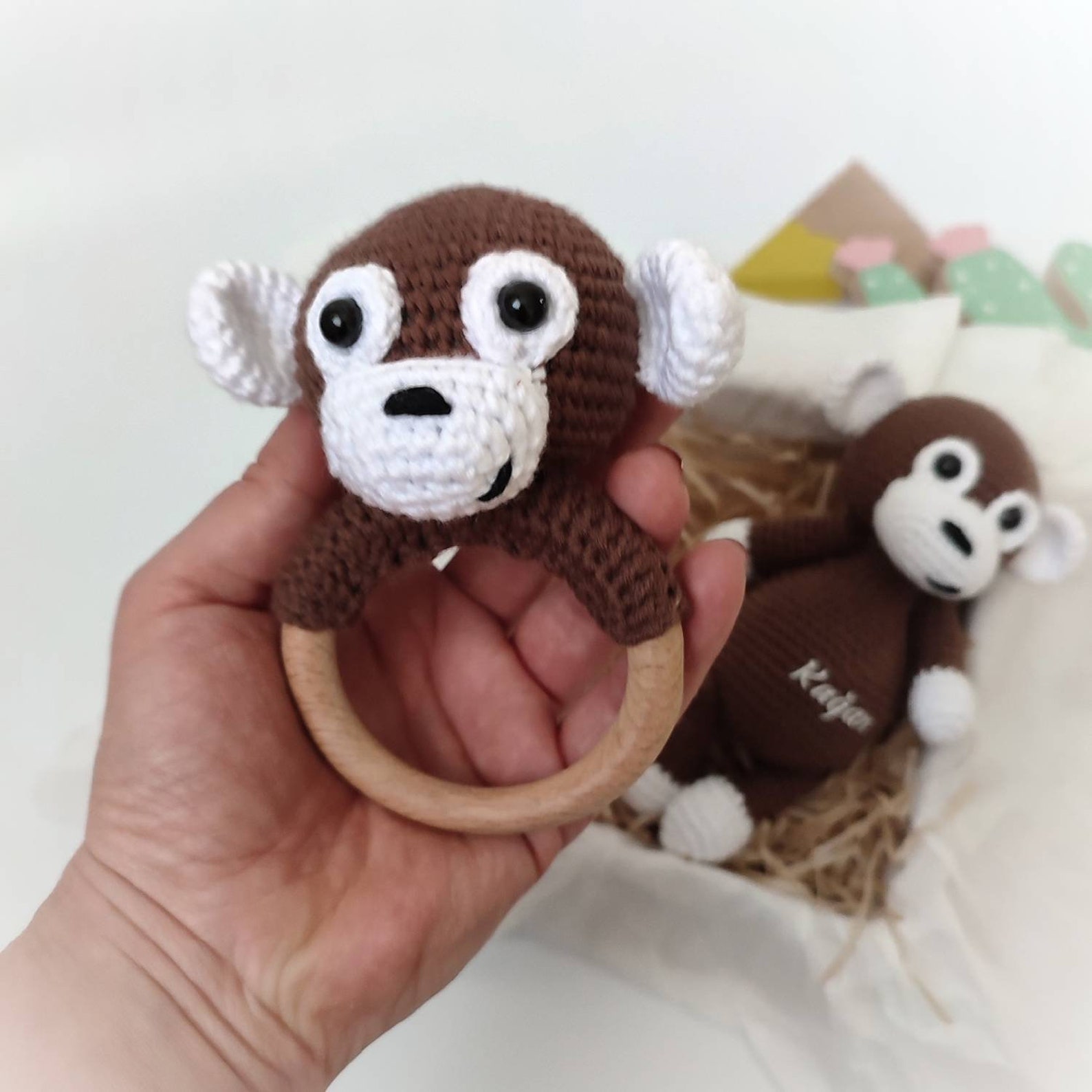 Crochet Monkey Safari Baby Gift Set, Stuffed Monkey Personalized Toy
