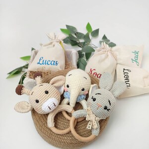 Unique pregnancy gift box for mom to be Cute animal crochet rattle New mom baby shower gift Newborn congratulations basket Expecting parent