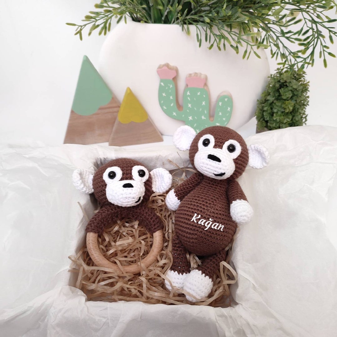 Crochet Monkey Safari Baby Gift Set, Stuffed Monkey Personalized Toy
