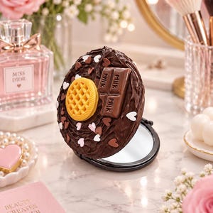 May include: A round compact mirror featuring a dark brown chocolate-textured cover decorated with a yellow waffle cookie, a brown milk chocolate bar, and small white and brown heart-shaped sprinkles. The mirror is open, revealing a reflective surface.