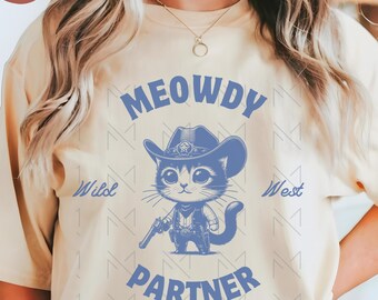 Meowdy PNG, Camisa de gato Meowdy Partner PNG, Sudadera Yeehaw PNG, Bolso de mano para gato, Gato occidental, Gato retro png, Descarga digital, Gato vaquero png