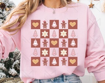 Pan de jengibre a cuadros retro PNG, PNG de Navidad de moda, Sublimación navideña, Diseño de camiseta navideña, Linda chica de pan de jengibre a cuadros PNG de Navidad