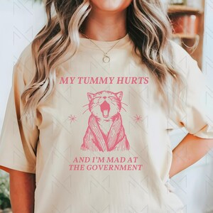 May include: A light yellow t-shirt with a pink graphic of a cat with its mouth open. The text "My tummy hurts and I'm mad at the government" is printed on the shirt.