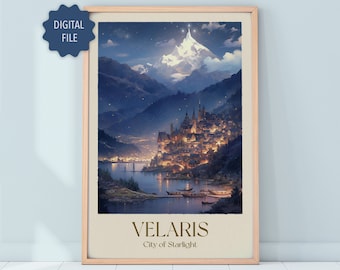 May include: A digital illustration of a fantasy city called Velaris, City of Starlight. The city is nestled in a valley surrounded by mountains and a lake. The city is lit up with lights and there are stars in the sky.