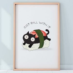 Roll with it Wall Art |  Digital Poster| Mental health poster | Quote | Counsellor| Psychologist Office Wall Art| Heal Portrait | Cat sushi