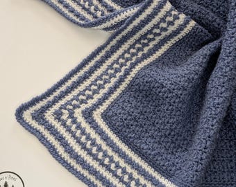 Handmade Crochet Blue & White Soft Cuddly Baby Boy Toddler Blanket - Afghan Baby Newborn Gift