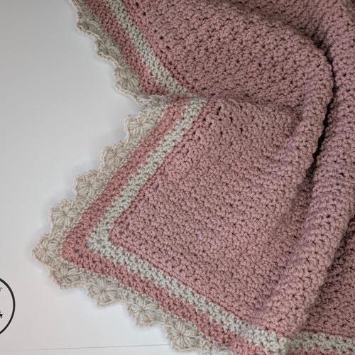 Handmade Crochet Rosy Pink & Linen Flower Border Baby Travel, Car Seat, Blanket Afghan