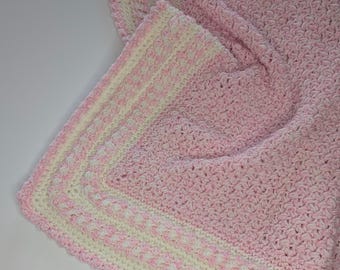 Pink & Ivory Handmade Crochet Baby Girl/Toddler Blanket Afghan, Newborn, Crib Bedding, Baby Shower
