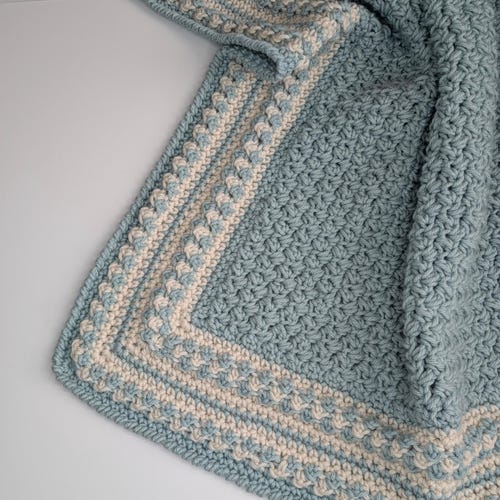 Blue & Off White Soft Handmade Crochet Baby Blanket - Afghan,  Crib, Bedding, Travel, Car Seat Blanket