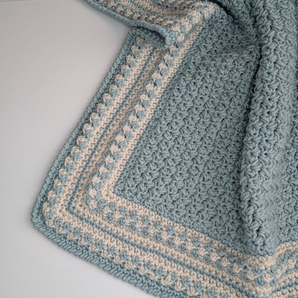 Blue & Off White Soft Handmade Crochet Baby Blanket - Afghan,  Crib, Bedding, Travel, Car Seat Blanket