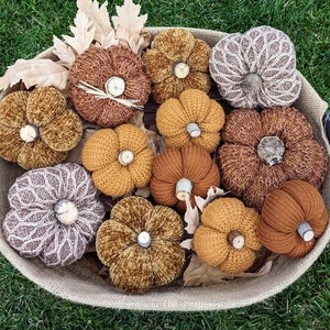 May include: A collection of handmade, knitted pumpkins in various shades of brown, orange, and tan, arranged in a rustic basket. Each pumpkin features a wooden stem and is surrounded by dried leaves, creating a cozy autumn theme.