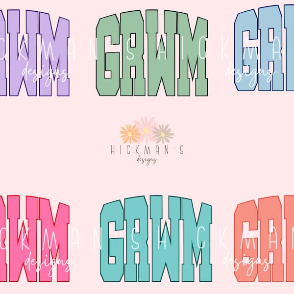 Varsity letters GRWM, 6 png files, coral, pink, blue, green, teal, purple, get ready with me