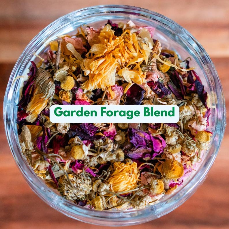 May include: A clear glass jar filled with a colorful blend of dried flowers and herbs. The text "Garden Forage Blend" is displayed on a white label. The blend includes yellow, purple, and brown elements, suggesting a mix of chamomile, rose petals, and other botanicals.