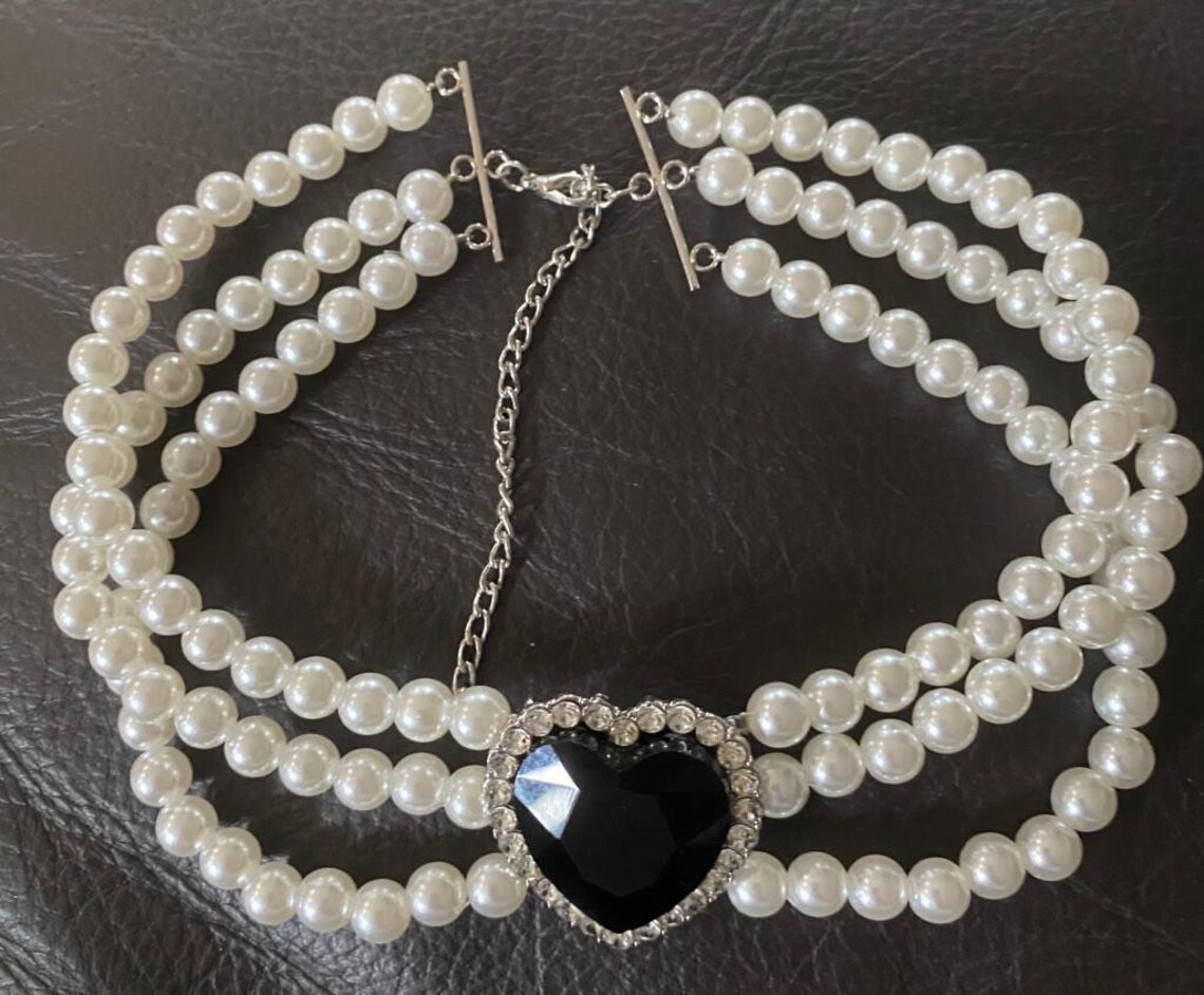 Pearl Choker Style Layered Pearl Black Crystal Heart Princess Etsy