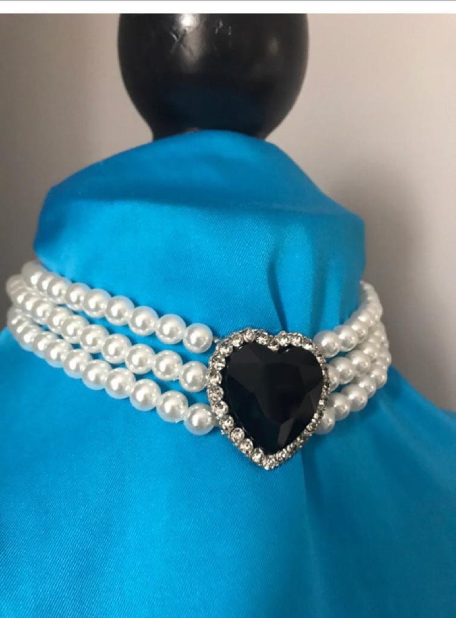 Pearl Choker Style Layered Pearl Black Crystal Heart Princess Diana