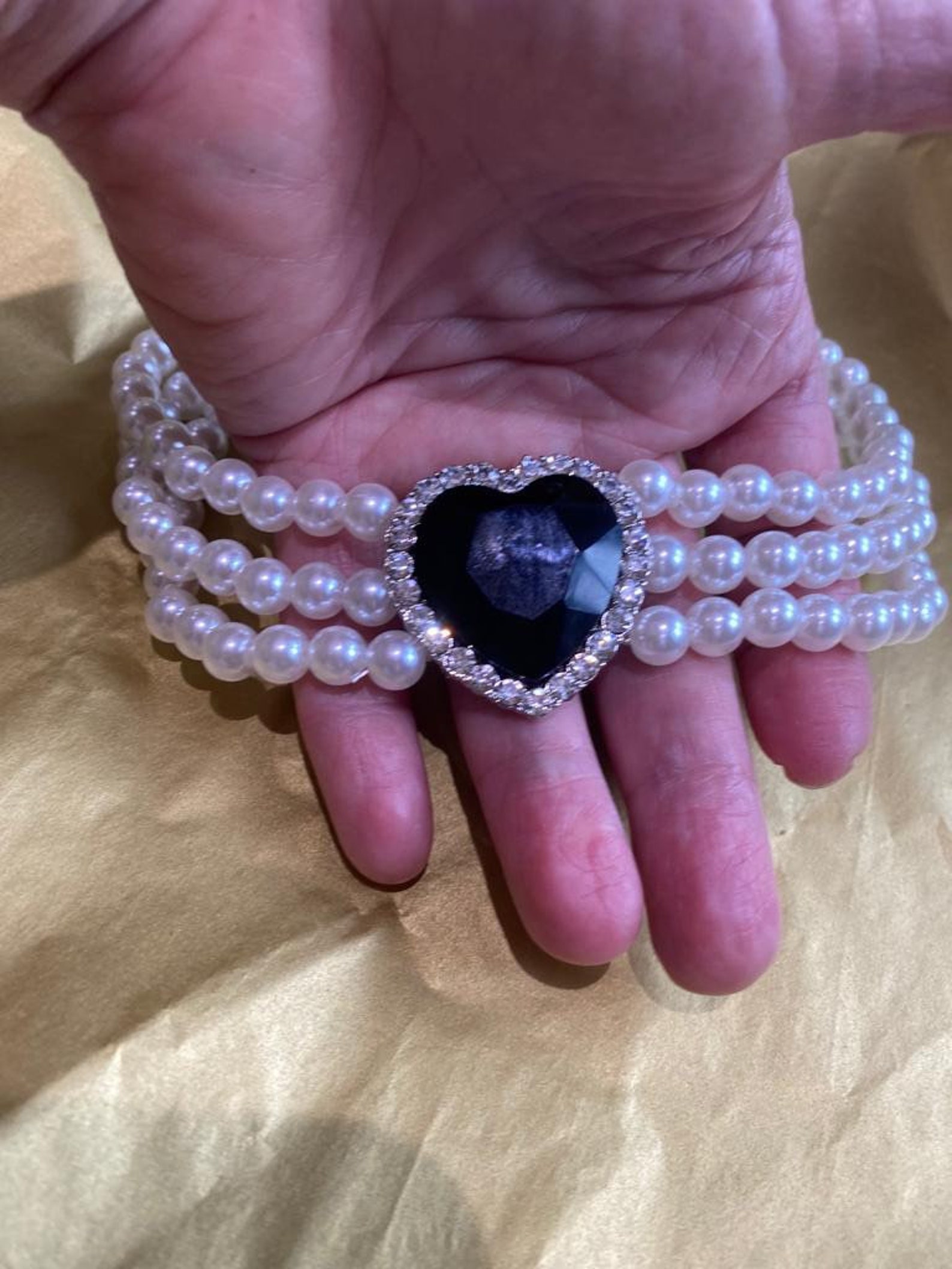 Pearl Choker Style Layered Pearl Black Crystal Heart Princess Diana