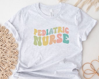 Retro pediatric registered nurse curvy lettering shirt, Cute colorful peds RN or PICU pediatric intensive care unit nurse, Nursing shirt