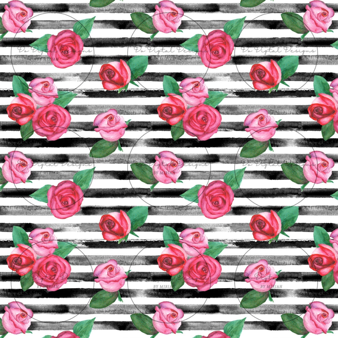 Striped Roses Seamless Pattern/floral/pink/black/white/png/digital